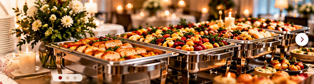 Elegant catered buffet with warm table setting